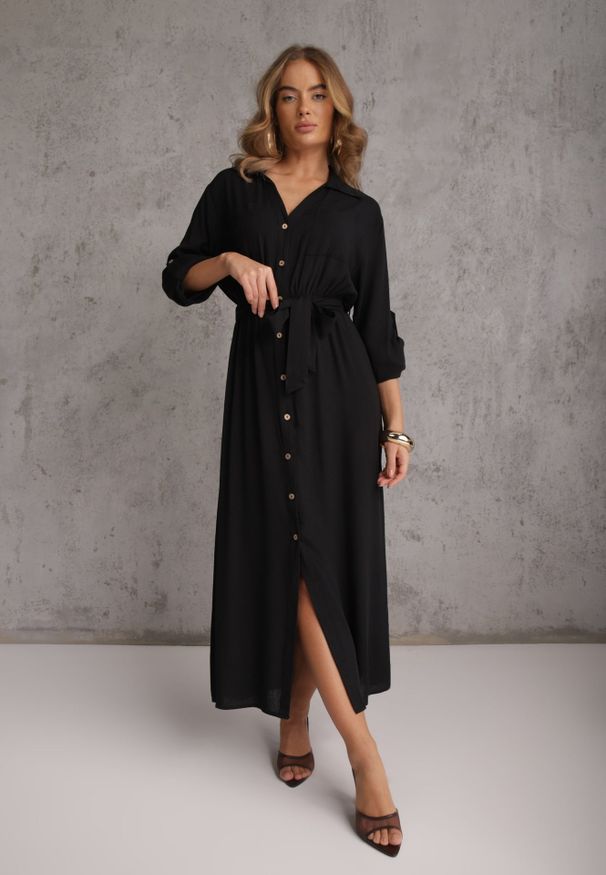 Renee - Czarna Koszulowa Sukienka Utility z Bawełny z Wiązanym Paskiem w Talii Retona. Okazja: na co dzień. Kolor: czarny. Materiał: bawełna. Sezon: lato. Typ sukienki: koszulowe. Styl: boho, glamour, casual