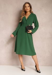 Renee - Zielona Koszulowa Sukienka Midi z Gumką w Pasie Natelin. Kolor: zielony. Typ sukienki: koszulowe. Styl: elegancki. Długość: midi #4