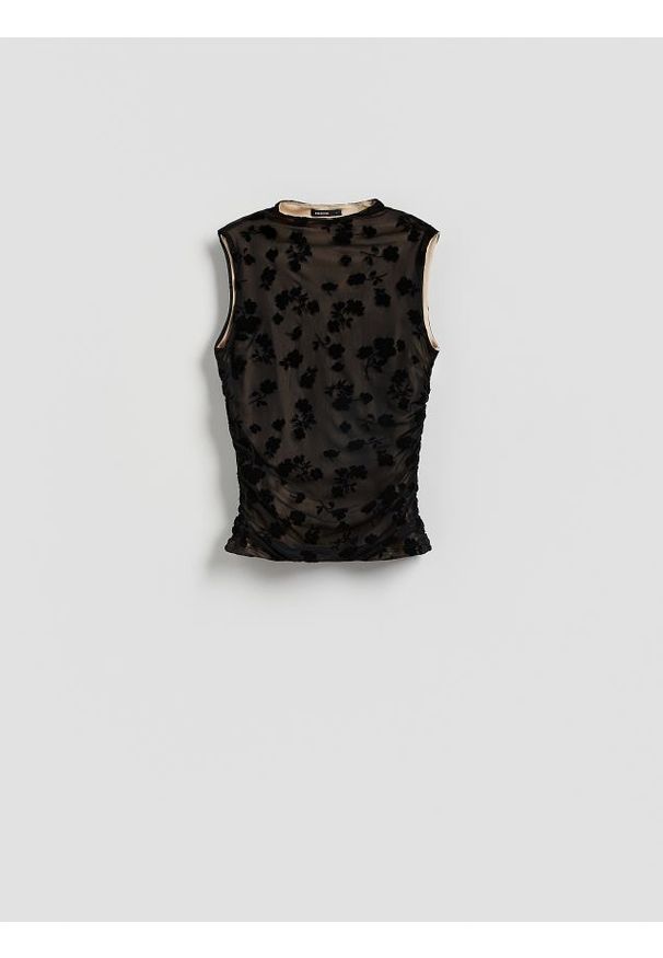 Reserved - Siateczkowy top z haftem - czarny. Kolor: czarny. Wzór: haft