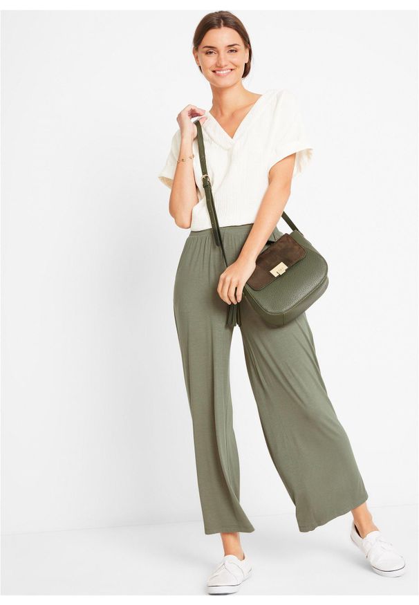 bonprix - Spodnie z dżerseju 7/8, z lejącej mieszanki wiskozy. Kolor: zielony. Materiał: jersey, wiskoza