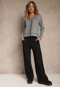Renee - Szary Komplet z Dzianiny Spodnie Wide Leg i Retro Kardigan Giosila. Kolekcja: plus size. Kolor: szary. Materiał: dzianina