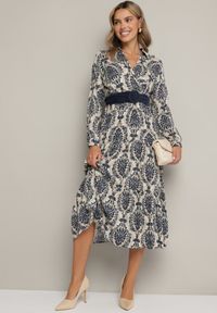 Born2be - Granatowo-Beżowa Wiskozowa Kopertowa Sukienka w Stylu Boho z Materiałowym Paskiem z Klamrą Rinovia. Okazja: na co dzień. Kolor: niebieski. Materiał: wiskoza, materiał. Wzór: aplikacja. Typ sukienki: kopertowe. Styl: boho #7