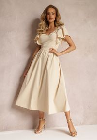 Renee - Beżowa Taliowana Sukienka Maxi z Falbanami Giftis. Kolor: beżowy. Wzór: aplikacja. Długość: maxi #5