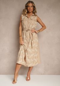 Renee - Beżowa Sukienka Koszulowa z Wiązanym Paskiem i Haftowanym Zdobieniem Malenea. Okazja: na co dzień. Kolor: beżowy. Materiał: jeans. Długość rękawa: bez rękawów. Wzór: aplikacja, haft. Typ sukienki: koszulowe. Styl: klasyczny, elegancki, casual #3