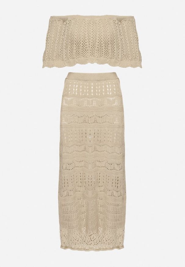 Born2be - Beżowy Haftowany Komplet z Bawełną Top Typu Hiszpanka i Spódnica Folidra. Kolor: beżowy. Materiał: bawełna. Wzór: haft