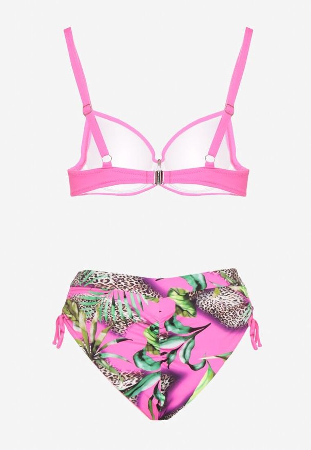 Renee - Fuksjowe Bikini z Motywem Roślinnym Biustonosz i Majtki Figi ze Ściągaczami Sadorene. Kolor: różowy. Wzór: aplikacja