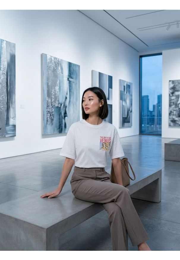 Sinsay - Bawełniana koszulka z nadrukiem "The bith of Wenus" - biały. Kolor: biały. Materiał: bawełna. Wzór: nadruk