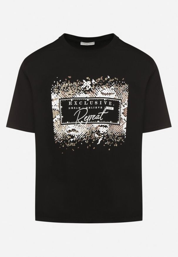 Born2be - Czarny Bawełniany T-shirt Ozdobiony Nadrukiem Nartzedi. Okazja: na co dzień. Kolor: czarny. Materiał: bawełna. Wzór: aplikacja, nadruk. Styl: casual