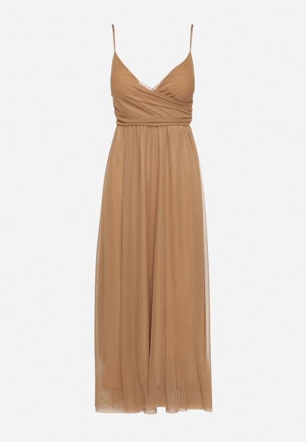 Born2be - Ciemnobeżowa Sukienka Koktajlowa z Tiulową Siateczką Devinae. Okazja: na co dzień, na imprezę. Typ kołnierza: dekolt w kształcie V. Kolor: beżowy. Materiał: tiul. Długość rękawa: na ramiączkach. Sezon: lato. Styl: wizytowy