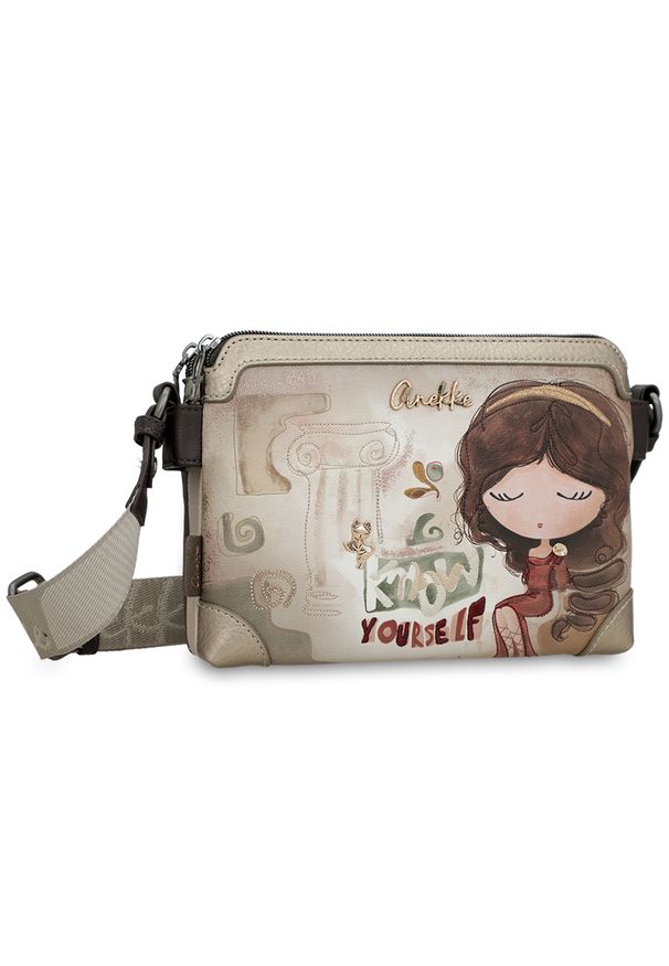 Torebka damska Anekke, listonoszka na ramię z regulowanym paskiem i 2 komorami, beżowa, 42703-160. Kolor: beżowy. Wzór: aplikacja. Materiał: zdobione. Styl: casual. Rodzaj torebki: na ramię