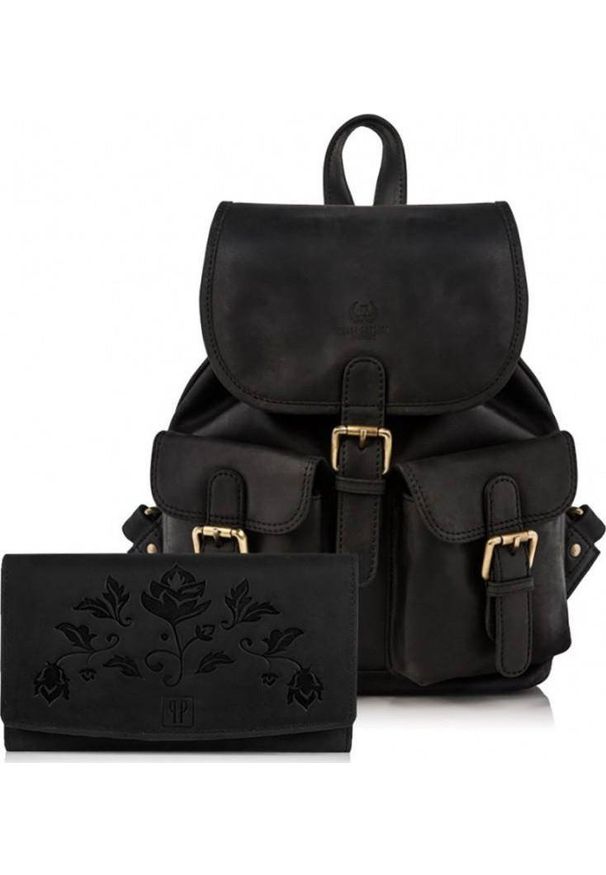 Paolo Peruzzi Zestaw damski skórzany PAOLO PERUZZI ZUP-26-BL czarny plecak i portfel. Kolor: czarny. Materiał: skóra