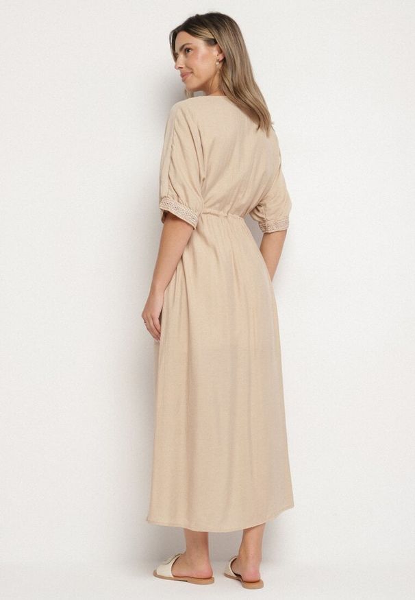 Born2be - Beżowa Wiskozowa Sukienka z Ażurową Lamówką Aravellea. Okazja: na co dzień. Typ kołnierza: dekolt w serek. Kolor: beżowy. Materiał: wiskoza. Wzór: ażurowy. Styl: elegancki, casual