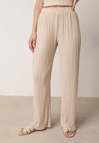 Born2be - Beżowe Szerokie Spodnie z Wysokim Stanem ze Zwiewnej Tkaniny z Plisami Galiris. Okazja: do pracy, na co dzień, na spotkanie biznesowe. Stan: podwyższony. Kolor: beżowy. Materiał: tkanina. Długość: długie. Styl: elegancki, biznesowy, casual #3