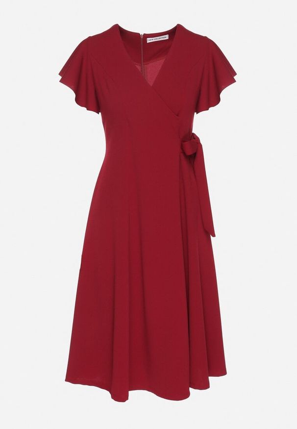 Born2be - Bordowa Rozkloszowana Sukienka Kopertowa z Wiązaniem w Talii Dannila. Kolor: czerwony. Wzór: aplikacja. Typ sukienki: kopertowe