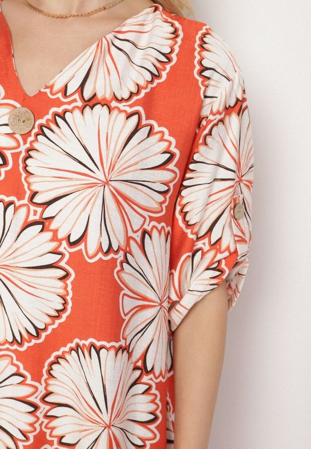 Born2be - Pomarańczowa Pudełkowa Sukienka z Lnem i Wiskozą w Kwiaty Rinosea. Okazja: na co dzień. Kolor: pomarańczowy. Materiał: len, wiskoza. Wzór: kwiaty. Styl: casual, klasyczny