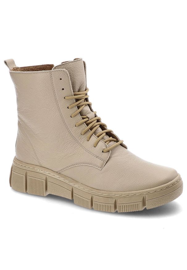 Beżowe Trzewiki Wasak Ocieplane Skórzane Buty Damskie. Kolor: beżowy. Materiał: skóra. Szerokość cholewki: normalna. Wzór: grochy. Obcas: na obcasie. Styl: elegancki. Wysokość obcasa: średni