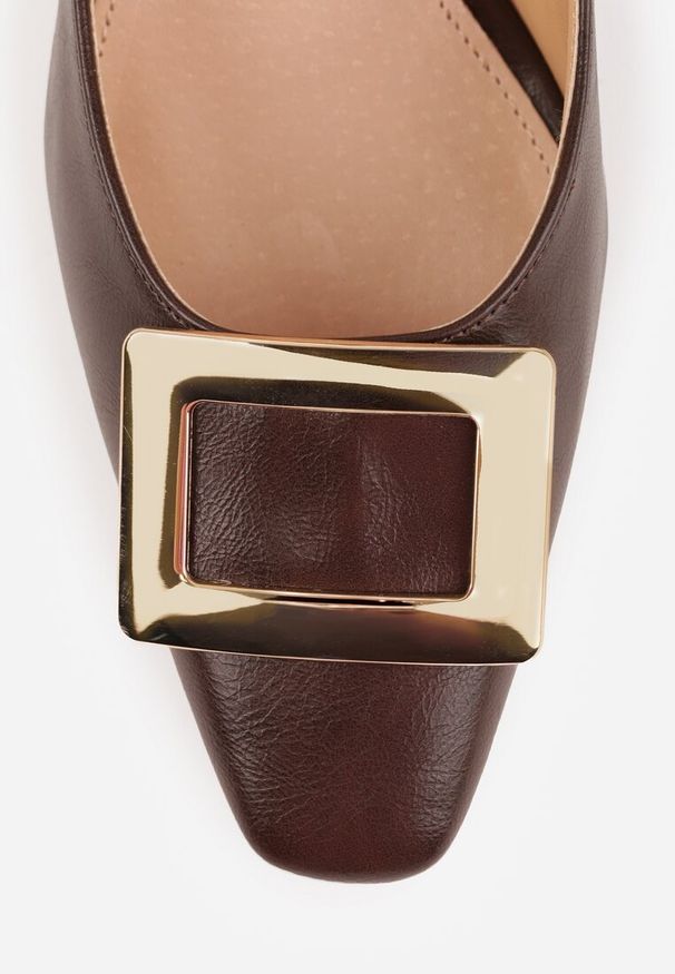 Renee - Brązowe Czółenka Vices ze Skórzaną Wkładką i Metaliczną Klamerką Berrine. Okazja: na spotkanie biznesowe. Kolor: brązowy. Materiał: skóra. Obcas: na obcasie. Styl: biznesowy, retro. Wysokość obcasa: niski