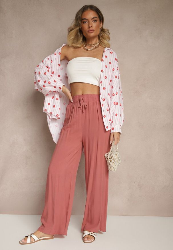 Renee - Różowe Szerokie Spodnie z Wiskozy High Waist Naivella. Stan: podwyższony. Kolor: różowy. Materiał: wiskoza. Sezon: lato