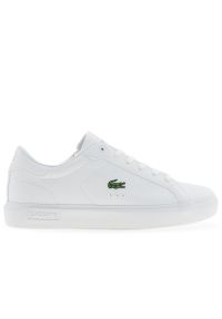 Buty młodzieżowe Lacoste Powercourt 1263 SUJ 751SUJ0003-21G - białe. Okazja: na co dzień. Zapięcie: sznurówki. Kolor: biały. Materiał: guma, skóra, syntetyk. Wzór: aplikacja #1