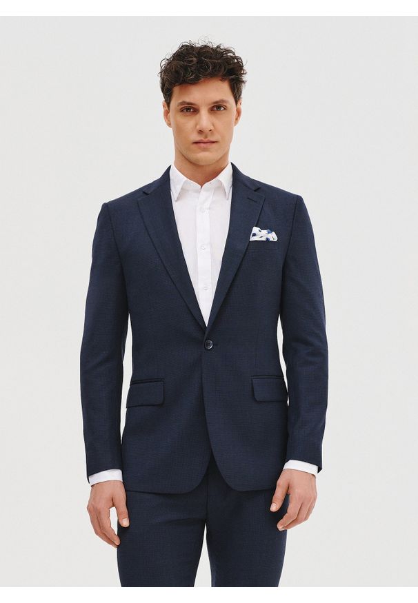 Pako Lorente - PAKO LORENTE – Granatowa marynarka garniturowa. Okazja: na spotkanie biznesowe. Kolor: niebieski. Materiał: wełna, poliester, elastan. Wzór: gładki. Styl: biznesowy