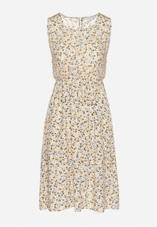 Born2be - Beżowa Sukienka w Kwiaty o Rozkloszowanym Kroju na Szerokich Ramiączkach Naivoriel. Okazja: na co dzień. Typ kołnierza: dekolt w serek. Kolor: beżowy. Materiał: zamsz. Długość rękawa: na ramiączkach. Wzór: kwiaty. Typ sukienki: rozkloszowane. Styl: elegancki, casual