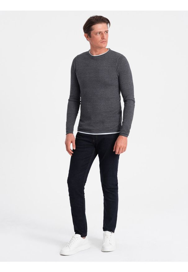 Ombre Clothing - Bawełniany sweter męski z okrągłym dekoltem - grafitowy melanż V2 - Rozmiar: L. Kolor: szary. Materiał: bawełna. Wzór: melanż. Styl: klasyczny