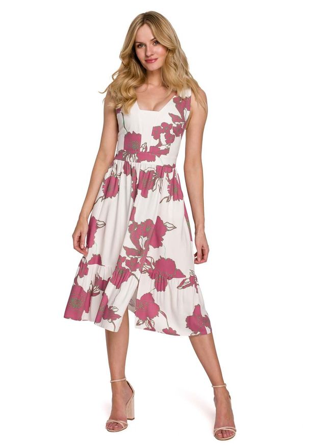 MOE - Midi Sukienka na Ramiączkach z Kwiatowym Nadrukiem - Model 2. Materiał: wiskoza. Długość rękawa: na ramiączkach. Wzór: kwiaty, nadruk. Długość: midi