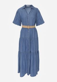 Born2be - Jasnoniebieska Sukienka Koszulowa z Wiskozą Bufiastymi Rękawami i Plecionym Paskiem Eriflara. Kolor: niebieski. Materiał: wiskoza. Wzór: ażurowy. Typ sukienki: koszulowe. Styl: elegancki, klasyczny #2