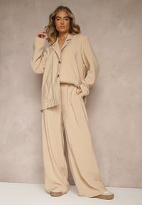 Renee - Beżowe Spodnie Low Waist z Modalu z Szeroką Nogawką Reanelira. Okazja: na co dzień. Stan: obniżony. Kolor: beżowy. Styl: klasyczny, casual, elegancki