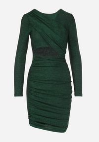 Born2be - Ciemnozielona Brokatowa Sukienka z Kopertowym Dekoltem i Wycięciem Maphe. Kolor: zielony. Materiał: tkanina. Typ sukienki: kopertowe. Długość: mini #3