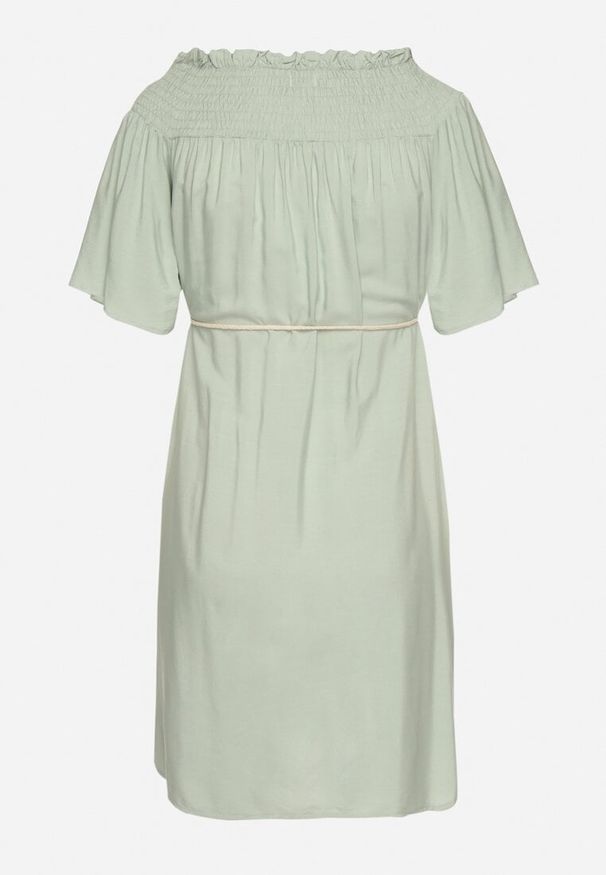 Born2be - Zielona Sukienka z Wiskozą Bawełną Hiszpańskim Dekoltem i Sznurkiem Lilarenne. Okazja: na co dzień. Kolor: zielony. Materiał: wiskoza, bawełna. Sezon: lato. Styl: elegancki, casual