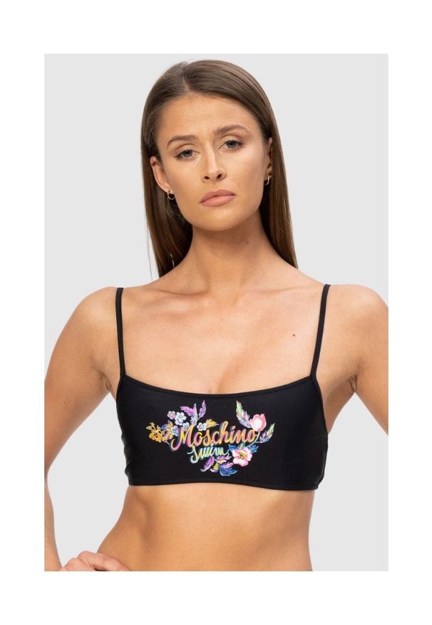 MOSCHINO Czarna góra od bikini z kwiecistym logo, Rozmiar XS. Kolor: czarny. Wzór: nadruk, kwiaty