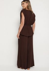 Born2be - Brązowy Komplet Bluzka z Wiązanym Paskiem i Szerokie Spodnie Dolarea. Kolor: brązowy. Wzór: aplikacja #4