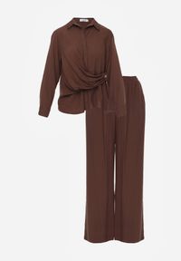Born2be - Brązowy Wiskozowy Komplet Asymetryczna Koszula i Spodnie z Kieszeniami Moneia. Kolor: brązowy. Materiał: wiskoza #8