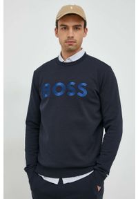 Boss Green - BOSS spodnie dresowe BOSS GREEN męskie kolor granatowy z aplikacją. Kolor: niebieski. Materiał: dresówka. Wzór: aplikacja