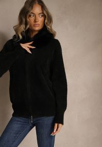 Renee - Czarny Zasuwany Kardigan z Wełną z Futerkowym Kołnierzem Asiste. Okazja: na co dzień. Kolor: czarny. Materiał: wełna. Wzór: aplikacja. Styl: casual