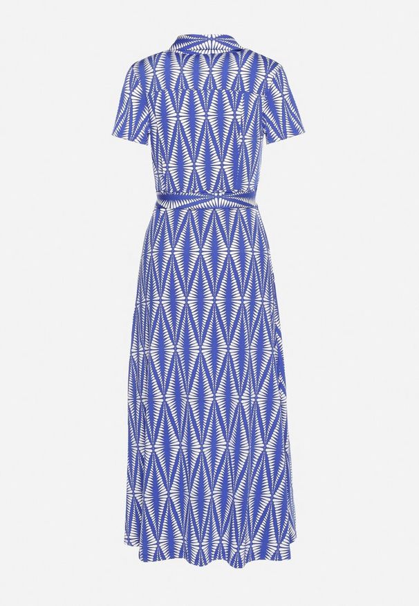 Born2be - Niebieska Sukienka Koszulowa w Geometryczny Wzór Zapinana na Guziki z Materiałowym Paskiem Thilea. Okazja: na spotkanie biznesowe. Kolor: niebieski. Materiał: materiał. Wzór: geometria. Typ sukienki: koszulowe. Styl: biznesowy