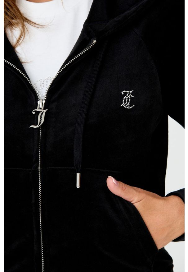 Juicy Couture - JUICY COUTURE Czarna damska bluza Madison, Rozmiar XS. Kolor: czarny. Materiał: welur, materiał, poliester. Wzór: aplikacja