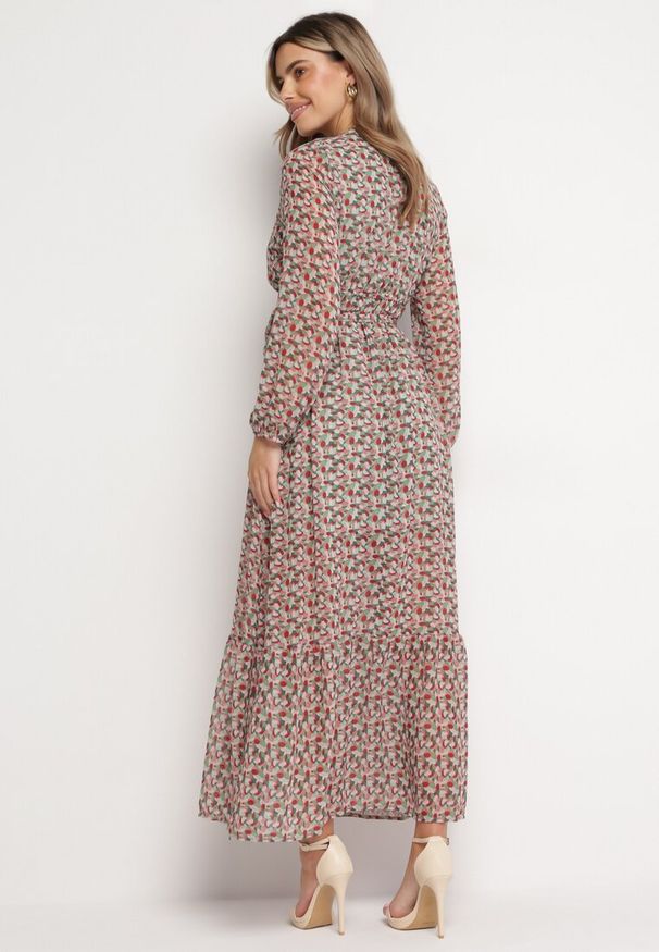 Born2be - Zielono-Czerwona Sukienka Kopertowa z Falbanką i Wiązanym Paskiem Luftare. Okazja: na co dzień. Typ kołnierza: dekolt w serek. Kolor: zielony. Długość rękawa: długi rękaw. Typ sukienki: kopertowe. Styl: casual, klasyczny