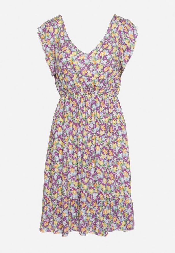 Born2be - Fioletowo-Żółta Bawełniana Sukienka na Ramiączkach z Gumką w Talii i Trójkątnym Dekoltem Coetta. Okazja: na co dzień. Kolor: fioletowy. Materiał: bawełna. Długość rękawa: na ramiączkach. Sezon: lato. Typ sukienki: kopertowe. Styl: casual