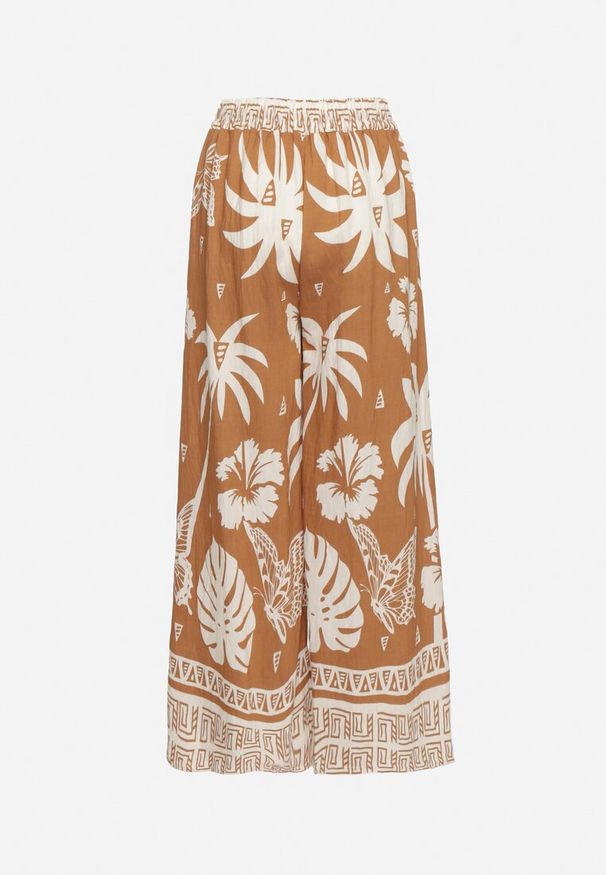 Born2be - Brązowe Spodnie z Tropikalnym Wzorem i Szerokimi Nogawkami Emivelli. Okazja: na co dzień. Kolor: brązowy. Styl: casual, elegancki