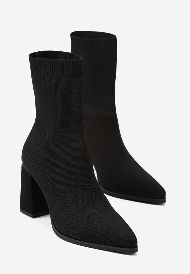 Renee - Czarne Botki na Słupku z Metaliczną Wstawką i Elastyczną Cholewką Idema. Okazja: na co dzień. Kolor: czarny. Materiał: jeans. Szerokość cholewki: normalna. Obcas: na słupku. Styl: casual, elegancki