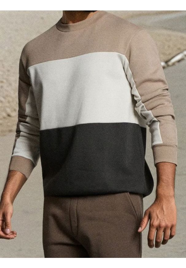 Sinsay - Bluza crewneck color-block - brązowy. Kolor: brązowy