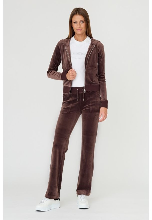 Juicy Couture - JUICY COUTURE Brązowa damska bluza Robertson, Rozmiar S. Kolor: brązowy. Materiał: materiał, poliester, welur. Wzór: haft