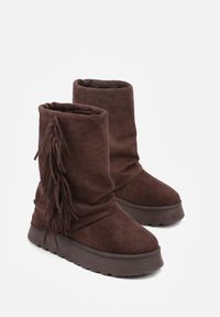 Born2be - Brązowe Botki w Stylu Śniegowców z Frędzlami i Cholewką Imitującą Nogawkę Sierafera. Zapięcie: bez zapięcia. Kolor: brązowy. Materiał: jeans. Szerokość cholewki: normalna #5