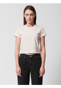 outhorn - T-shirt crop gładki damski - beżowy. Kolor: beżowy. Materiał: materiał, bawełna, dzianina. Wzór: gładki
