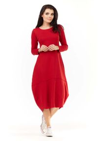 Awama - Czerwona Dzianinowa Midi Sukienka Bombka z Długim Rękawem. Kolor: czerwony. Materiał: dzianina. Długość rękawa: długi rękaw. Typ sukienki: bombki. Długość: midi #1