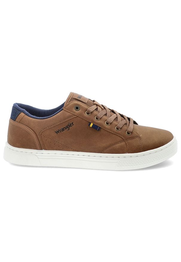 Brązowe Eleganckie Sneakersy Wrangler Stylowe Obuwie Męskie. Okazja: na co dzień, na spacer. Zapięcie: sznurówki. Kolor: brązowy. Materiał: jeans, materiał. Szerokość cholewki: normalna. Sezon: jesień. Sport: turystyka piesza
