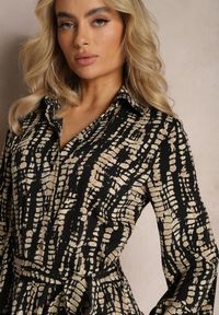 Renee - Czarna Koszulowa Sukienka Mini z Falbanką i Wiązanym Paskiem Anagal. Kolor: czarny. Materiał: materiał. Wzór: aplikacja. Typ sukienki: koszulowe. Długość: mini