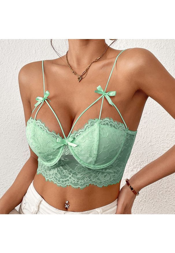 Intica - Biustonosz koronkowy bez fiszbin z kokardkami Hayriye. Kolor: zielony. Materiał: koronka. Wzór: koronka
